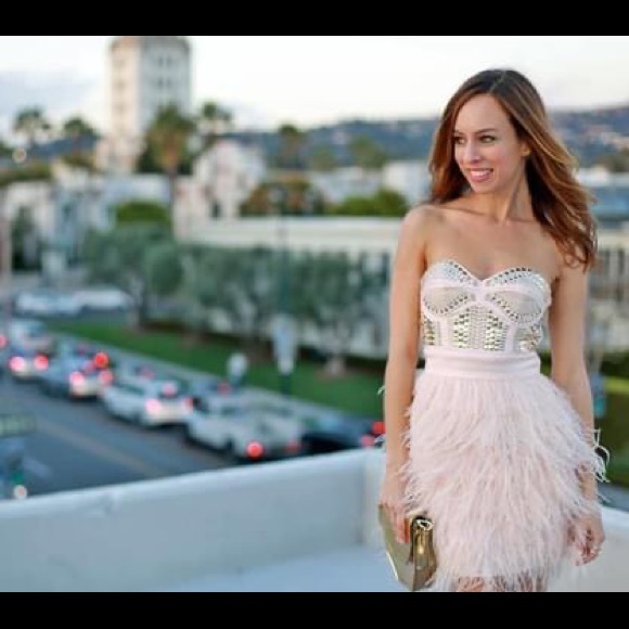 BEBE Pink feather , bodice studded cocktail dress ! Used once , Large - Picture 2 of 3